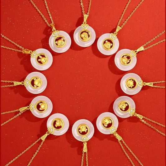 中国の十二支 999 シルバーメッキ ゴールド カルセドニー ピースバックル ペンダントネックレス | 十二支ギフト