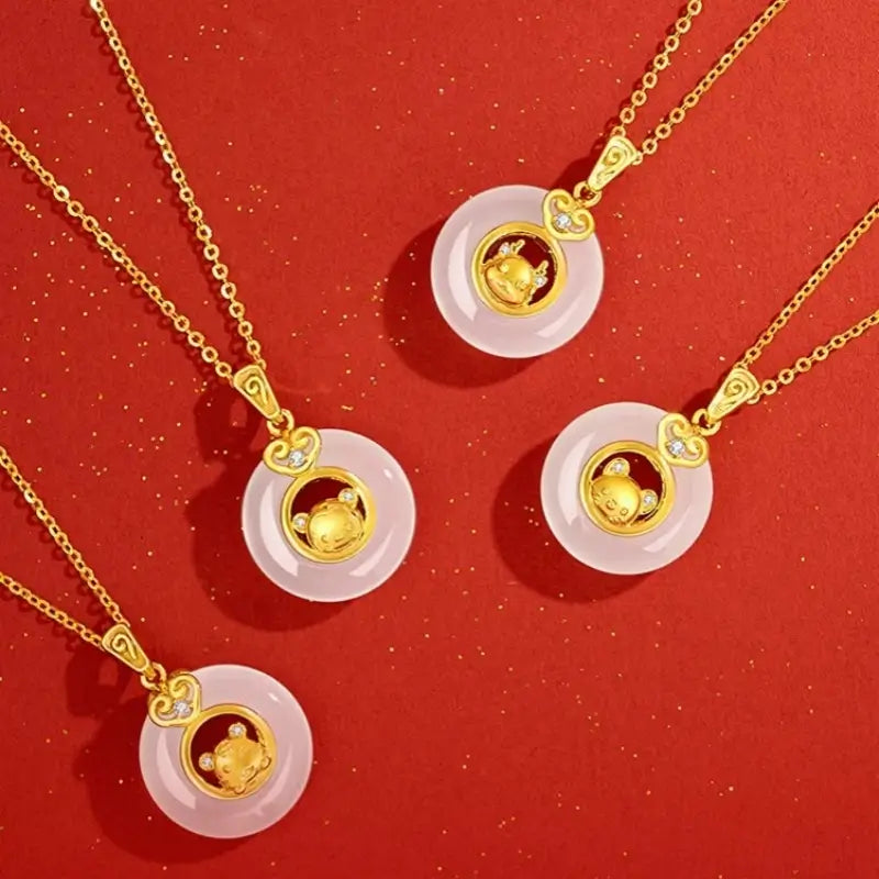 中国の十二支 999 シルバーメッキ ゴールド カルセドニー ピースバックル ペンダントネックレス | 十二支ギフト