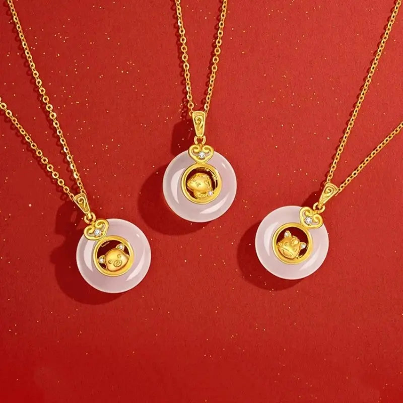 中国の十二支 999 シルバーメッキ ゴールド カルセドニー ピースバックル ペンダントネックレス | 十二支ギフト