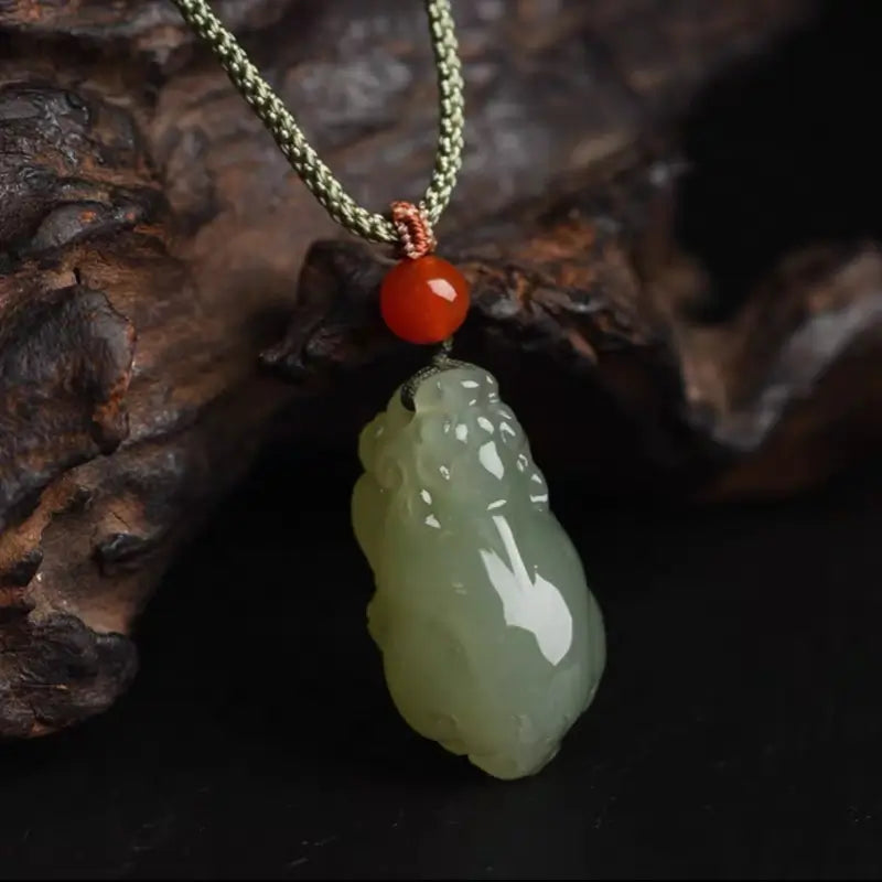 Natural Hetian Jade Pixiu Pendant Necklace | South Red Agate, Adjustable Length-LuckyCharms.Shop