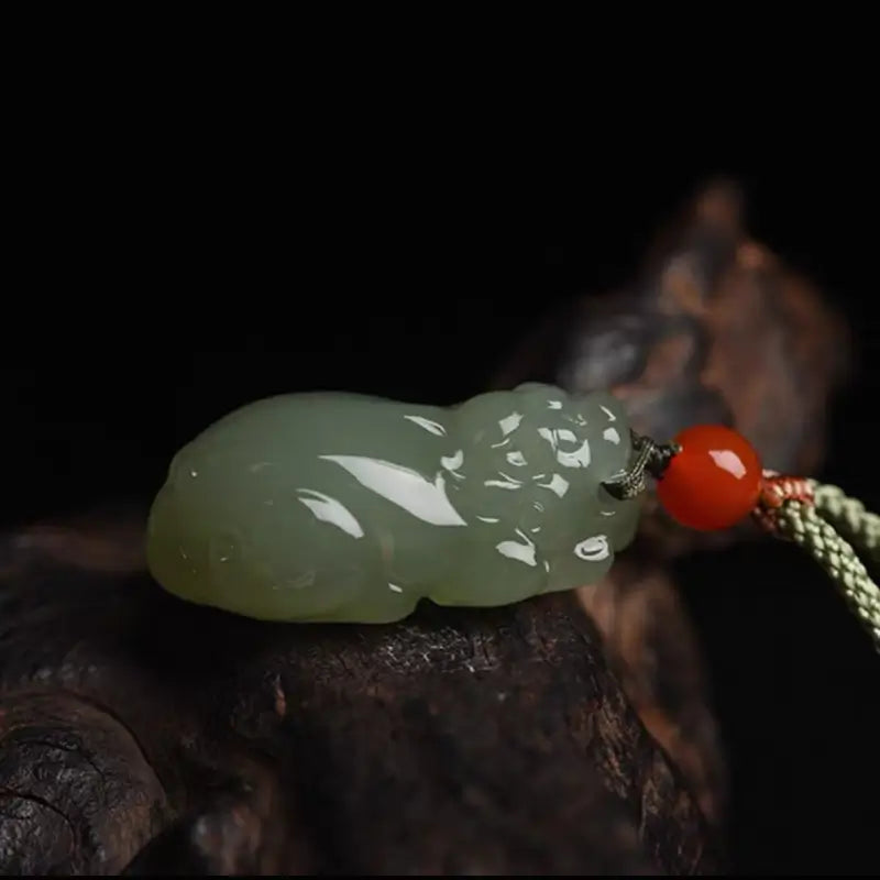 Natural Hetian Jade Pixiu Pendant Necklace | South Red Agate, Adjustable Length-LuckyCharms.Shop