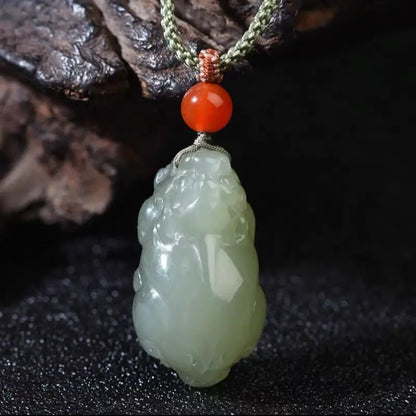 Natural Hetian Jade Pixiu Pendant Necklace | South Red Agate, Adjustable Length-LuckyCharms.Shop