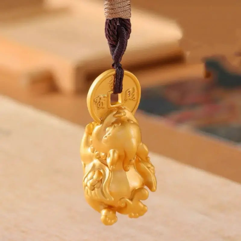 Brass Gold-Plated Pixiu & Coin Pendant Necklace | Adjustable Length, Fortune-Attracting Jewelry-LuckyCharms.Shop