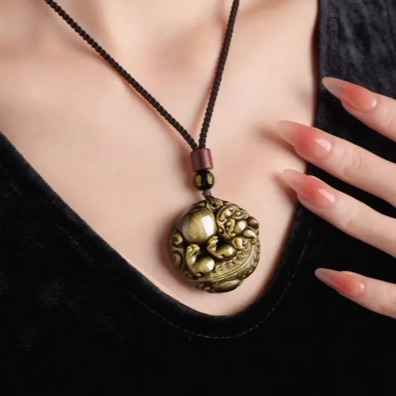 Natural Gold Obsidian Pixiu Pendant Necklace | Round Shape, Six-Syllable Mantra Bead, Adjustable Braided Cord-LuckyCharms.Shop