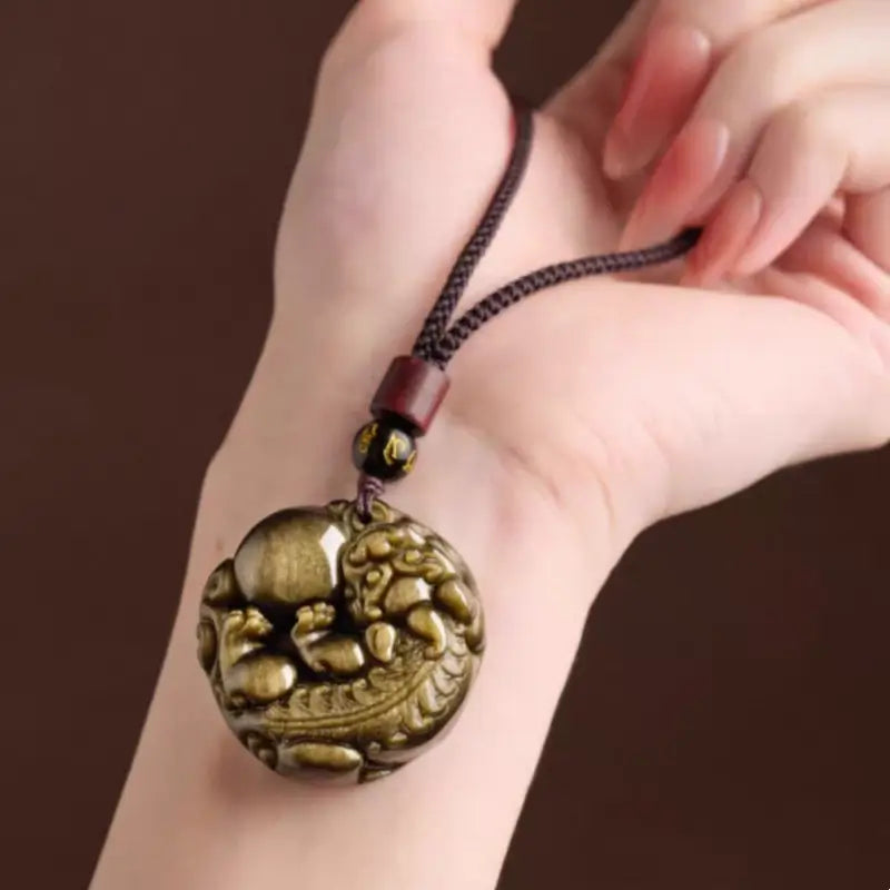 Natural Gold Obsidian Pixiu Pendant Necklace | Round Shape, Six-Syllable Mantra Bead, Adjustable Braided Cord-LuckyCharms.Shop
