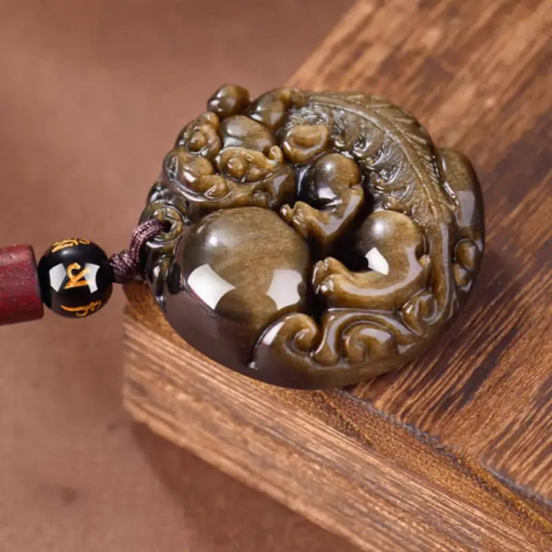 Natural Gold Obsidian Pixiu Pendant Necklace | Round Shape, Six-Syllable Mantra Bead, Adjustable Braided Cord-LuckyCharms.Shop