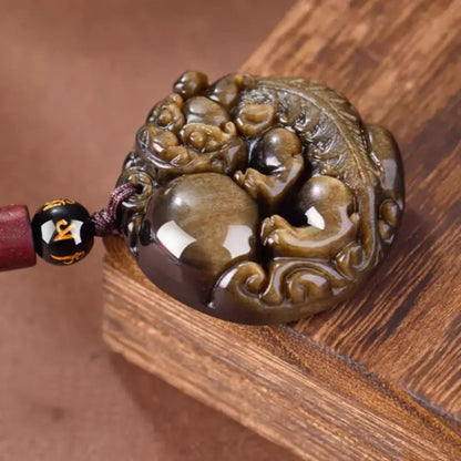 Natural Gold Obsidian Pixiu Pendant Necklace | Round Shape, Six-Syllable Mantra Bead, Adjustable Braided Cord-LuckyCharms.Shop