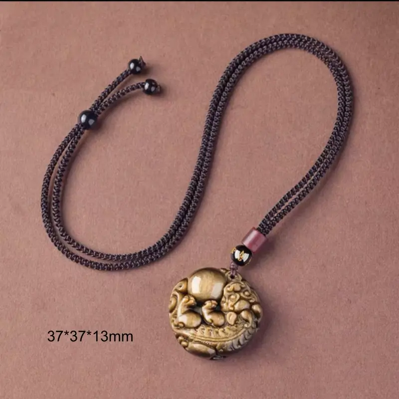 Natural Gold Obsidian Pixiu Pendant Necklace | Round Shape, Six-Syllable Mantra Bead, Adjustable Braided Cord-LuckyCharms.Shop