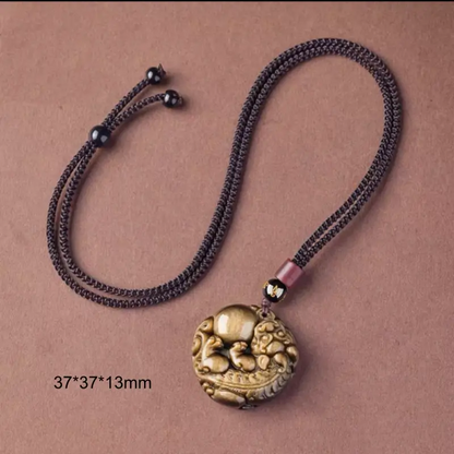 Natural Gold Obsidian Pixiu Pendant Necklace | Round Shape, Six-Syllable Mantra Bead, Adjustable Braided Cord-LuckyCharms.Shop