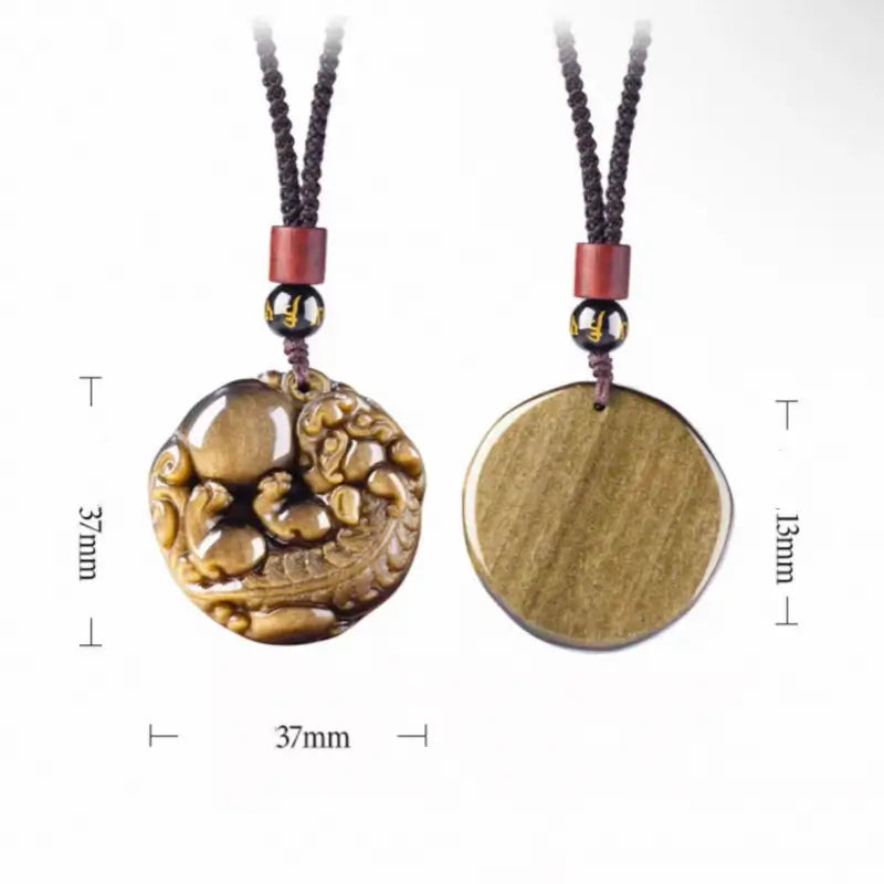 Natural Gold Obsidian Pixiu Pendant Necklace | Round Shape, Six-Syllable Mantra Bead, Adjustable Braided Cord-LuckyCharms.Shop