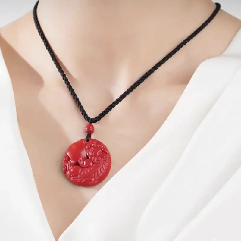 Potala Palace Blessed Cinnabar Pixiu Pendant Necklace | Adjustable Black Braided Cord-LuckyCharms.Shop