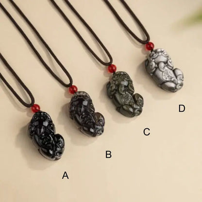 Mount Wutai Blessed Obsidian Pixiu Pendant Necklace | Adjustable Cord, Multiple Styles-LuckyCharms.Shop