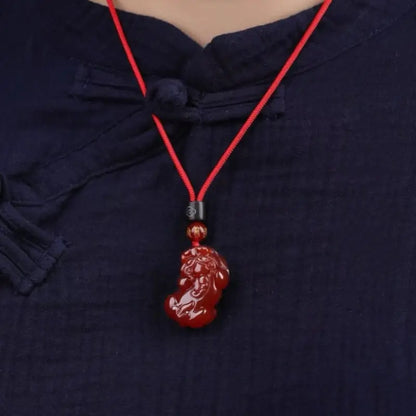 Natural Red Agate Pixiu Pendant Necklace | Six-Syllable Mantra Beads, Adjustable Braided Cord, Gender-Specific-LuckyCharms.Shop