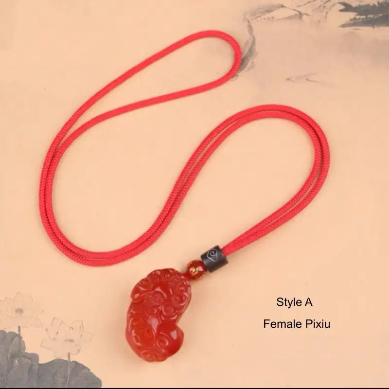 Natural Red Agate Pixiu Pendant Necklace | Six-Syllable Mantra Beads, Adjustable Braided Cord, Gender-Specific-LuckyCharms.Shop