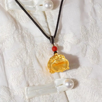 Solid Brass 24K Gold-Plated Big-Mouth Pixiu Pendant Necklace, Red Agate Beads & Adjustable Brown Braided Cord-LuckyCharms.Shop