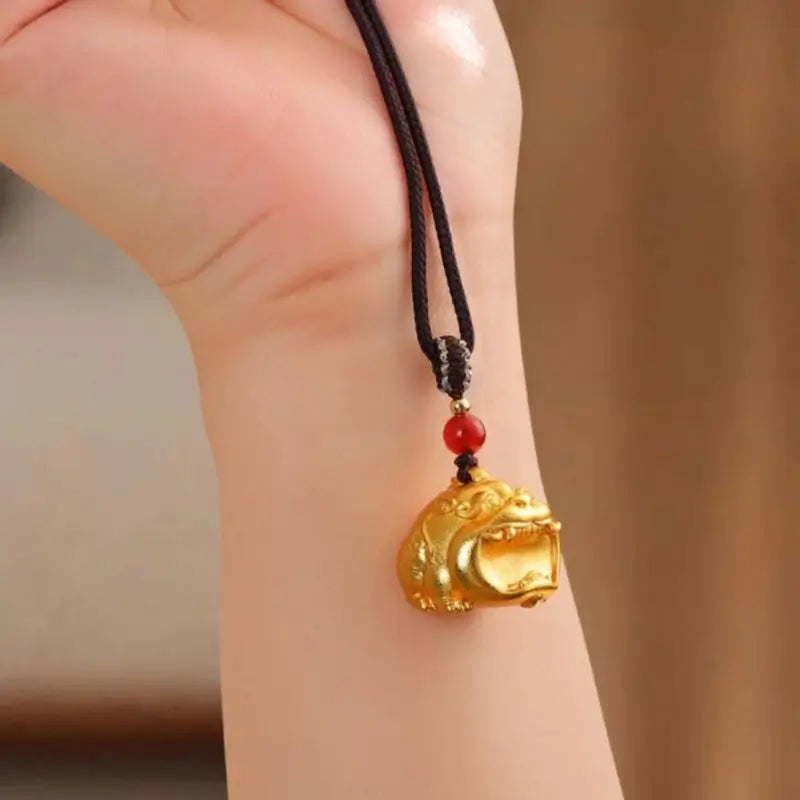 Solid Brass 24K Gold-Plated Big-Mouth Pixiu Pendant Necklace, Red Agate Beads & Adjustable Brown Braided Cord-LuckyCharms.Shop