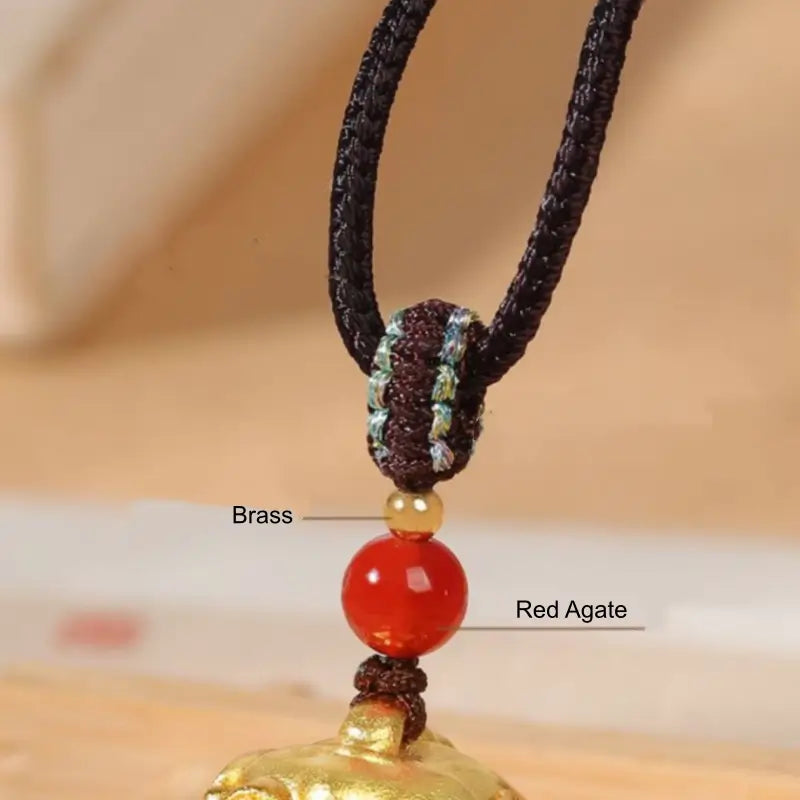 Solid Brass 24K Gold-Plated Big-Mouth Pixiu Pendant Necklace, Red Agate Beads & Adjustable Brown Braided Cord-LuckyCharms.Shop