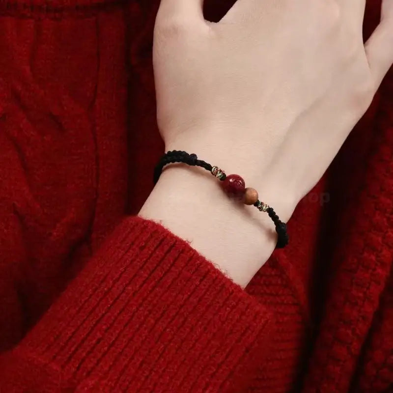 Mount Putuo Blessing Natural Cinnabar & Peach Wood Fortune-Turning Bead Lucky Charm Braided Bracelet-LuckyCharms.Shop