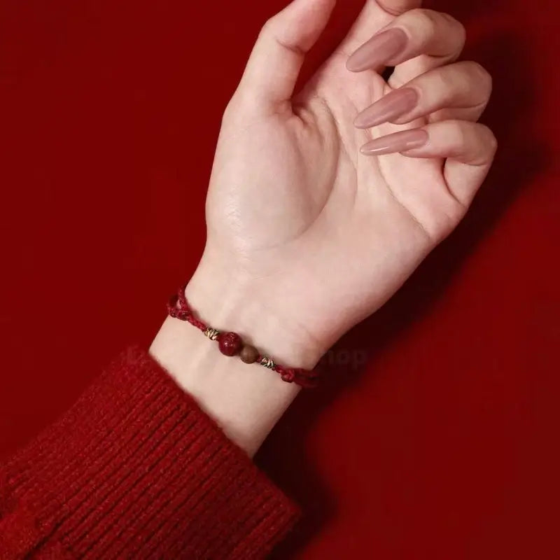 Mount Putuo Blessing Natural Cinnabar & Peach Wood Fortune-Turning Bead Lucky Charm Braided Bracelet-LuckyCharms.Shop