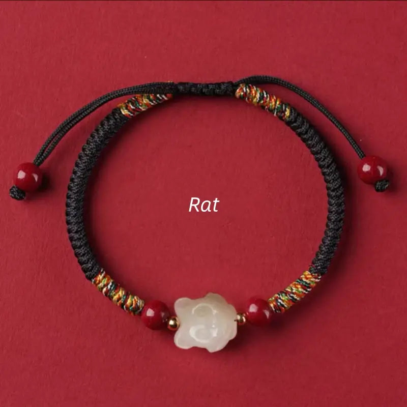 Mount Putuo Blessed Chinese Zodiac Hetian Jade & Cinnabar Fortune-Turning Bead Braided Bracelet-LuckyCharms.Shop