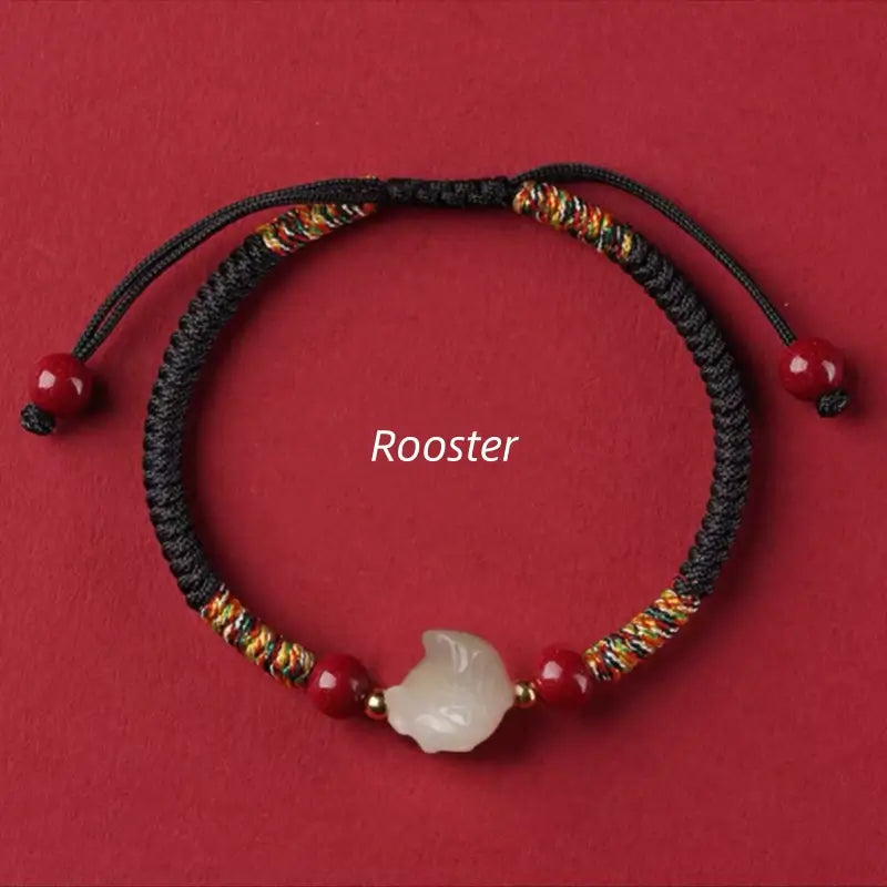 Mount Putuo Blessed Chinese Zodiac Hetian Jade & Cinnabar Fortune-Turning Bead Braided Bracelet-LuckyCharms.Shop