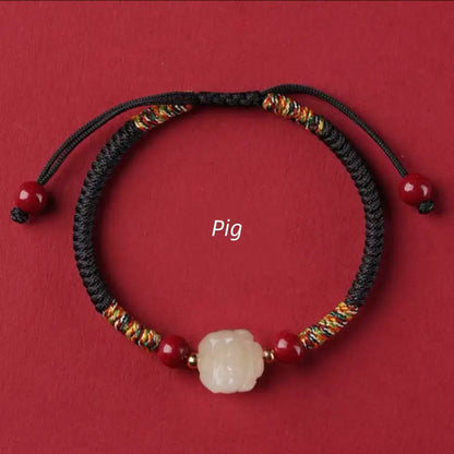 Mount Putuo Blessed Chinese Zodiac Hetian Jade & Cinnabar Fortune-Turning Bead Braided Bracelet-LuckyCharms.Shop