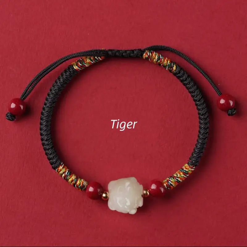 Mount Putuo Blessed Chinese Zodiac Hetian Jade & Cinnabar Fortune-Turning Bead Braided Bracelet-LuckyCharms.Shop