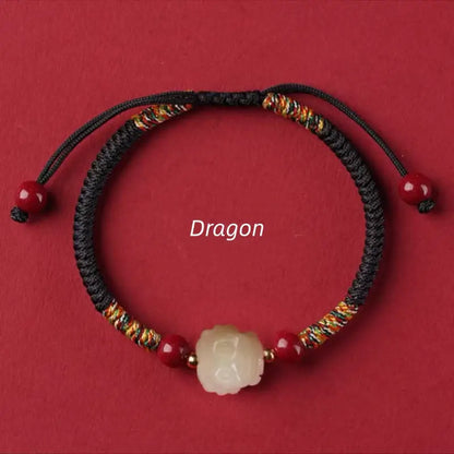 Mount Putuo Blessed Chinese Zodiac Hetian Jade & Cinnabar Fortune-Turning Bead Braided Bracelet-LuckyCharms.Shop