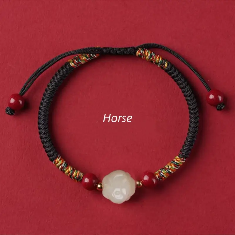Mount Putuo Blessed Chinese Zodiac Hetian Jade & Cinnabar Fortune-Turning Bead Braided Bracelet-LuckyCharms.Shop