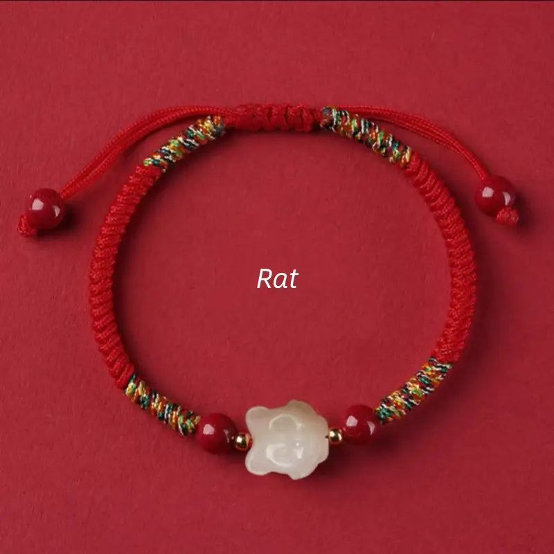 Mount Putuo Blessed Chinese Zodiac Hetian Jade & Cinnabar Fortune-Turning Bead Braided Bracelet-LuckyCharms.Shop
