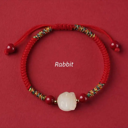 Mount Putuo Blessed Chinese Zodiac Hetian Jade & Cinnabar Fortune-Turning Bead Braided Bracelet-LuckyCharms.Shop