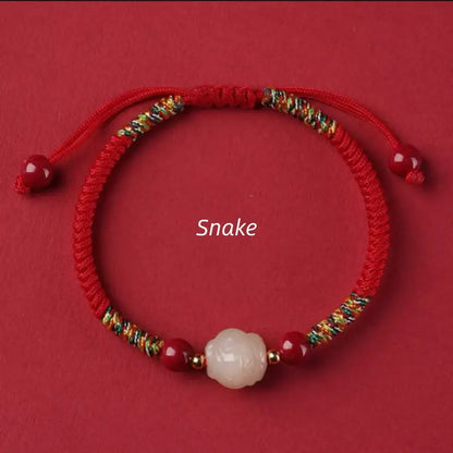 Mount Putuo Blessed Chinese Zodiac Hetian Jade & Cinnabar Fortune-Turning Bead Braided Bracelet-LuckyCharms.Shop
