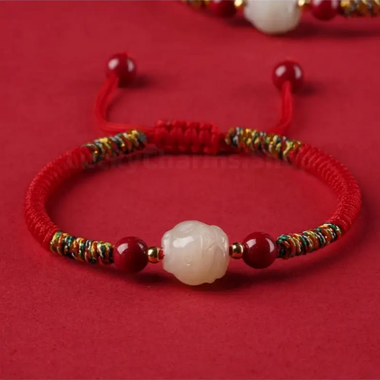 Mount Putuo Blessed Chinese Zodiac Hetian Jade & Cinnabar Fortune-Turning Bead Braided Bracelet-LuckyCharms.Shop