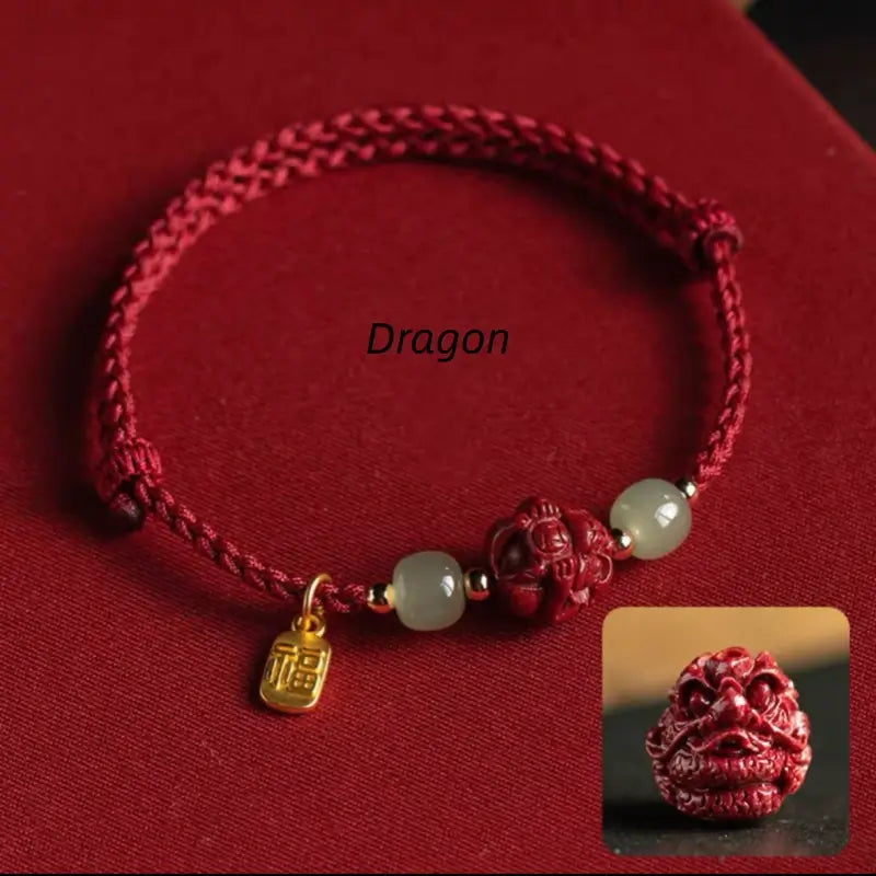 Chinese Zodiac Cinnabar & Hetian Jade Fortune-Turning Bead Braided Bracelet-LuckyCharms.Shop