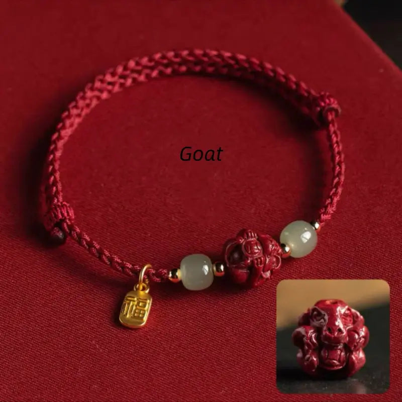 Chinese Zodiac Cinnabar & Hetian Jade Fortune-Turning Bead Braided Bracelet-LuckyCharms.Shop