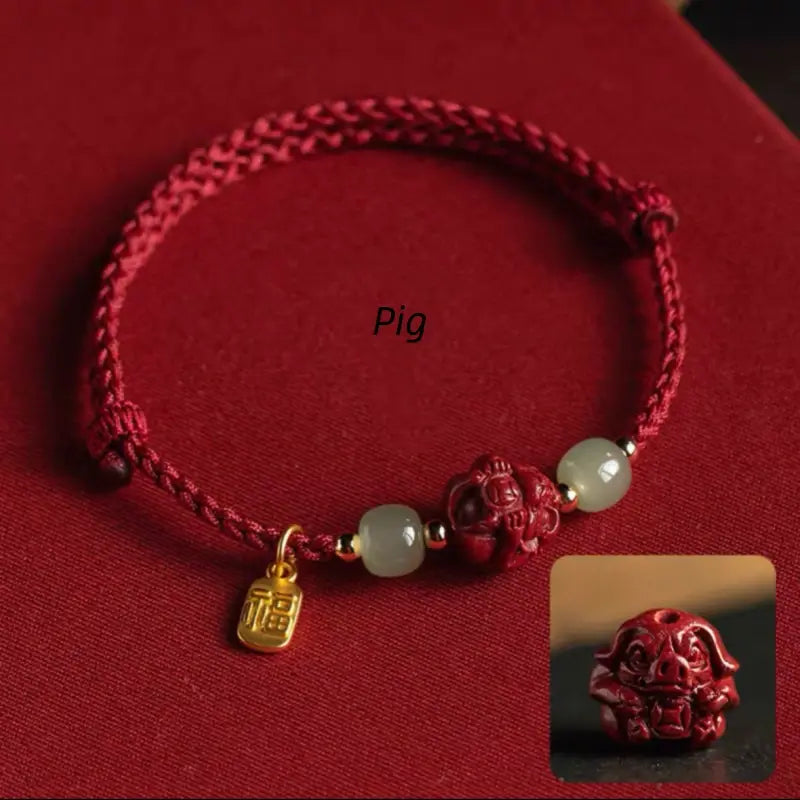 Chinese Zodiac Cinnabar & Hetian Jade Fortune-Turning Bead Braided Bracelet-LuckyCharms.Shop