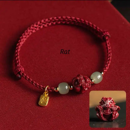 Chinese Zodiac Cinnabar & Hetian Jade Fortune-Turning Bead Braided Bracelet-LuckyCharms.Shop