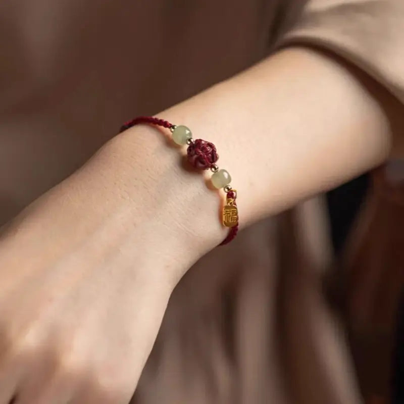 Chinese Zodiac Cinnabar & Hetian Jade Fortune-Turning Bead Braided Bracelet-LuckyCharms.Shop