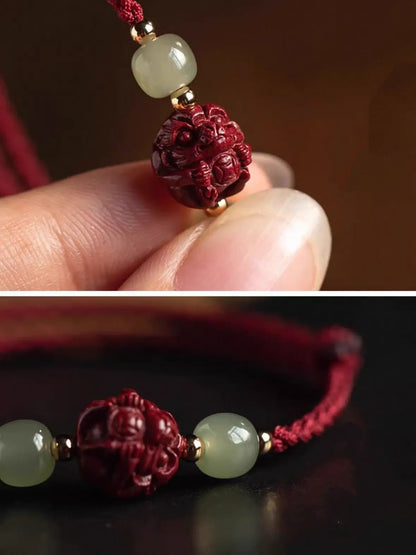 Chinese Zodiac Cinnabar & Hetian Jade Fortune-Turning Bead Braided Bracelet-LuckyCharms.Shop