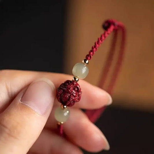 Chinese Zodiac Cinnabar & Hetian Jade Fortune-Turning Bead Braided Bracelet-LuckyCharms.Shop