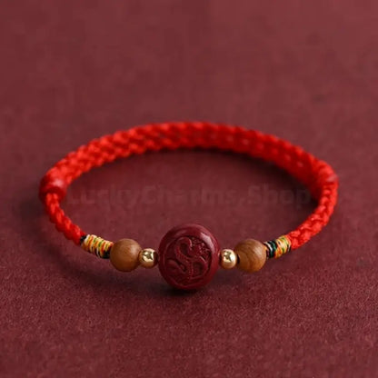 Putuo Mountain Blessed Chinese Zodiac Cinnabar & Peach Wood Fortune-Turning Bead Guardian Braided Bracelet-LuckyCharms.Shop