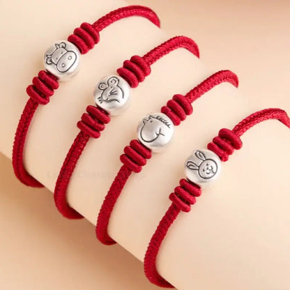 999 Silver Chinese Zodiac Fortune-turning Bead Braided Red Hand Rope | Adjustable, Cute Chinese Style, Zodiac Year Guardian-LuckyCharms.Shop