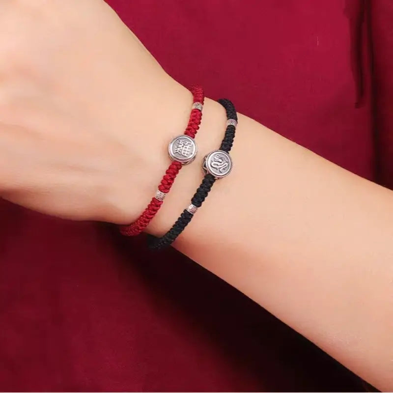 925 Silver Chinese Zodiac Double-Sided Fortune-Turning Bead Braided Hand Rope | Adjustable, Minimalist Chinese Style, Two Colors Optional-LuckyCharms.Shop