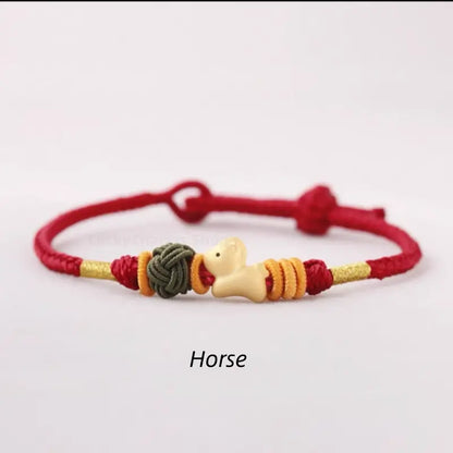 925 Silver Chinese Zodiac Gold-Silver Dual-Color Bead Braided Red Cotton Hand Rope | Adjustable, Cute Chinese Style-LuckyCharms.Shop