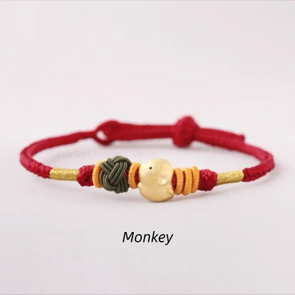925 Silver Chinese Zodiac Gold-Silver Dual-Color Bead Braided Red Cotton Hand Rope | Adjustable, Cute Chinese Style-LuckyCharms.Shop