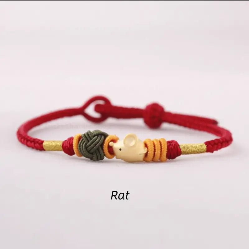 925 Silver Chinese Zodiac Gold-Silver Dual-Color Bead Braided Red Cotton Hand Rope | Adjustable, Cute Chinese Style-LuckyCharms.Shop