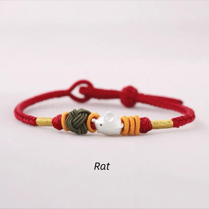 925 Silver Chinese Zodiac Gold-Silver Dual-Color Bead Braided Red Cotton Hand Rope | Adjustable, Cute Chinese Style-LuckyCharms.Shop