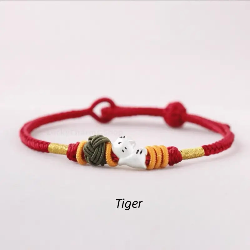 925 Silver Chinese Zodiac Gold-Silver Dual-Color Bead Braided Red Cotton Hand Rope | Adjustable, Cute Chinese Style-LuckyCharms.Shop