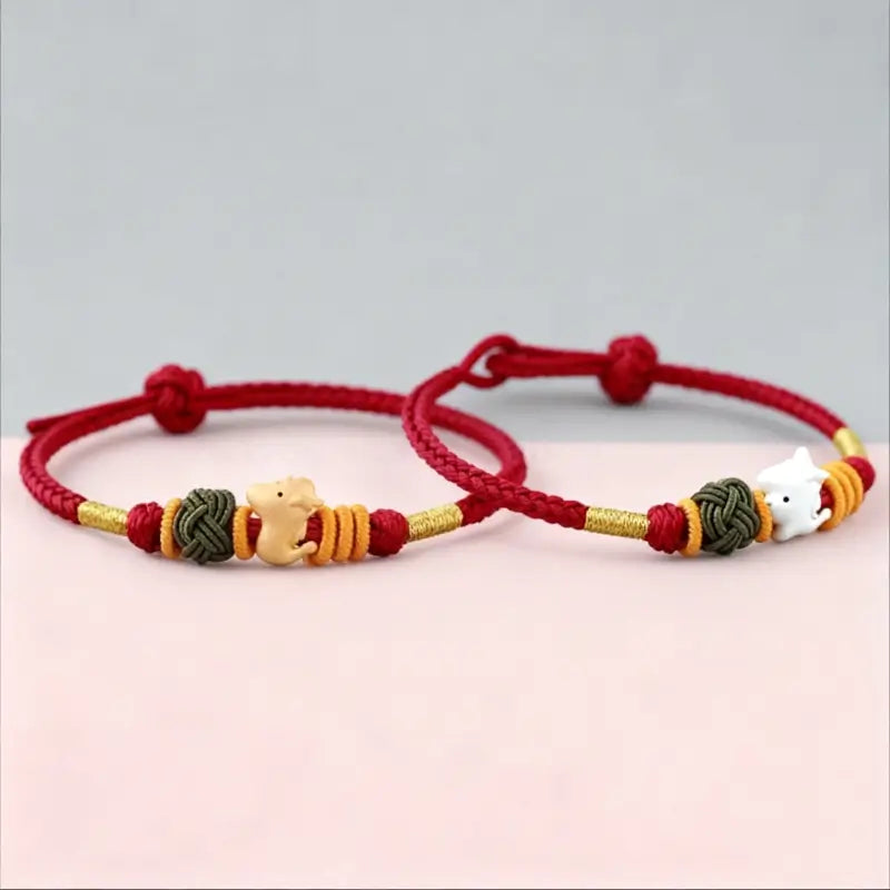 925 Silver Chinese Zodiac Gold-Silver Dual-Color Bead Braided Red Cotton Hand Rope | Adjustable, Cute Chinese Style-LuckyCharms.Shop