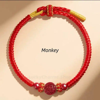 Chinese Zodiac Natural Cinnabar Fortune-Turning Bead Red Hand Rope | Adjustable, Chinese Style Auspicious Accessory-LuckyCharms.Shop